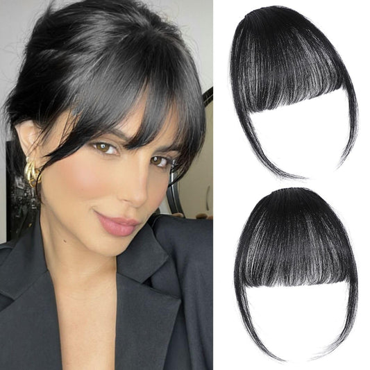 ELEFOCUS Clip-on Natural Black Human Hair Extensions - Wispy Bangs with Temples for Daily Wear