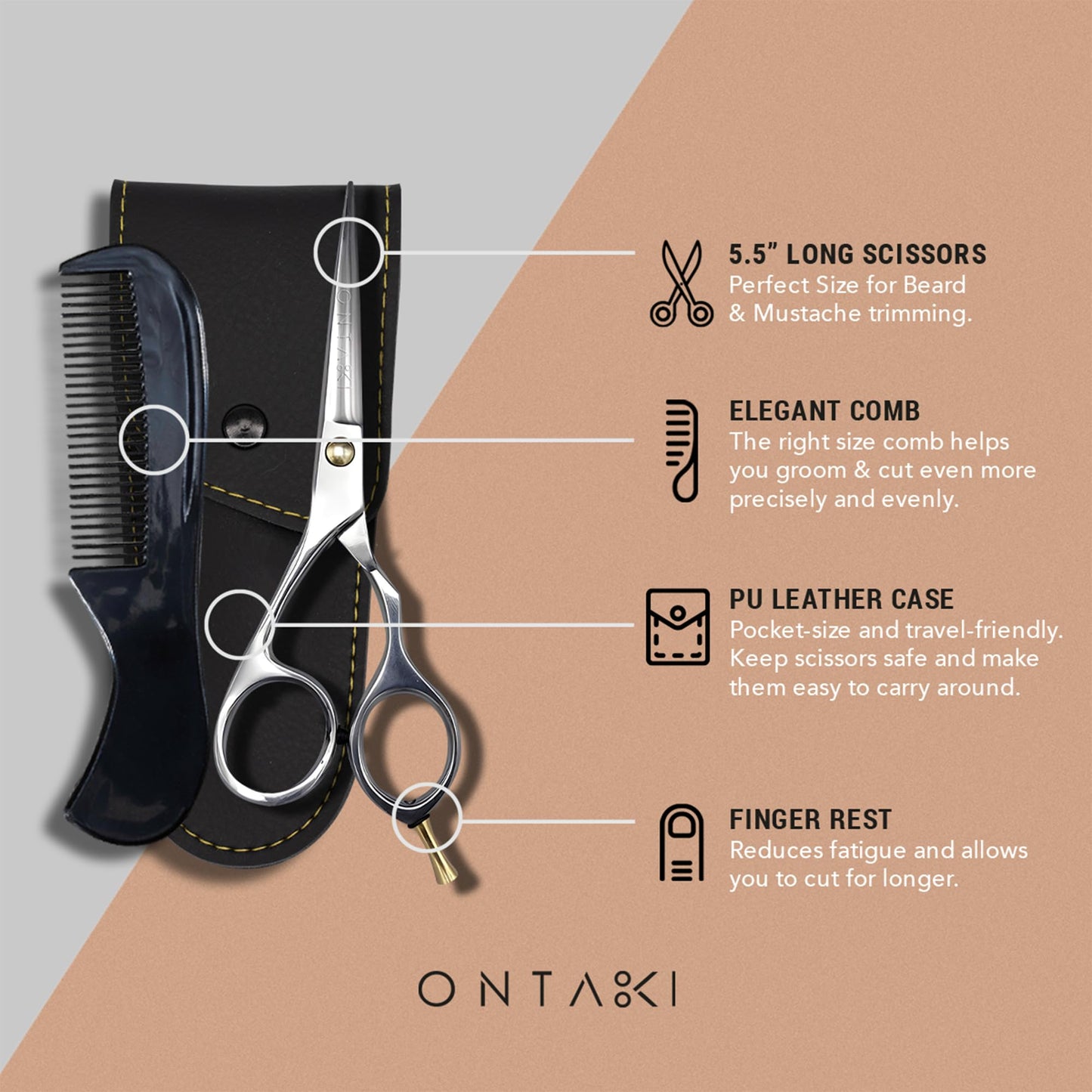 Ontaki Hair Scissors for Beard & Mustache - 5.5" 420C Japanese Steel, Silver, Right Hand - Hand-Forged Hair Cutting Scissors with Ergonomic Handles - Includes Beard Comb with Handle & PU Leather Pouch