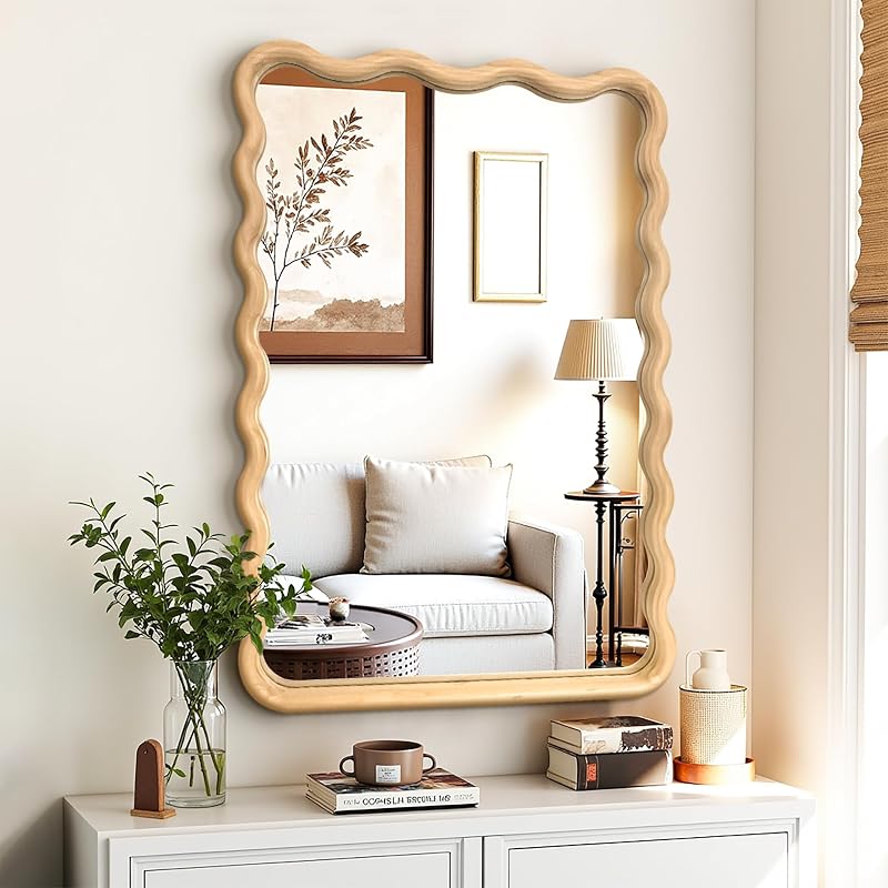 Wavy Wood Bathroom Vanity Mirror 24x36 in - Natural Frame, Vertical Wall Mount (Variation: Natural)