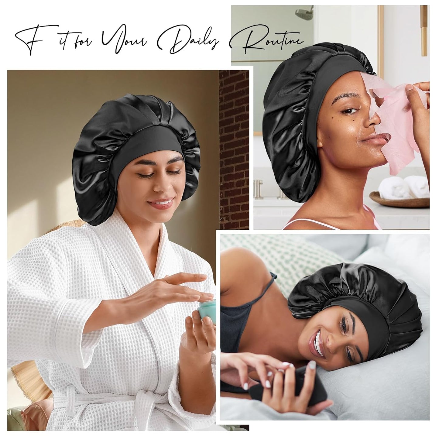 22 Momme Mulberry Silk Bonnet for Women - Double-Sided Non-Slip Sleep Cap for Long Curly Hair, Adjustable Band, Ebony