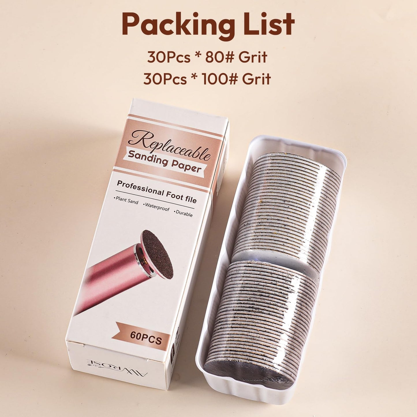 AWROSE 60 Pcs Foot File Replacement Round Sand Paper, 30 Pcs 80 Grit Sandpaper Disk & 30 Pcs 100 Grit Sandpaper Disk, Compatible with Electric Foot File Callus for Dead Skin Remover