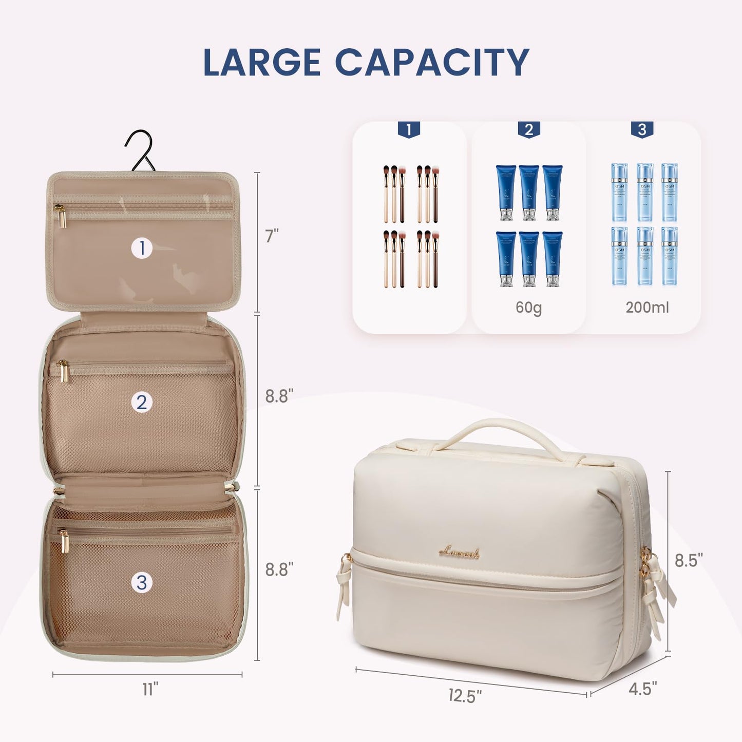 LOVEVOOK Travel Toiletry Bag With Hanging Hook for Women, Puffy Cosmetic Makeup Bag Organizer with Vegan Leather Handle for Accessories, Essentials, Toiletries, Off white