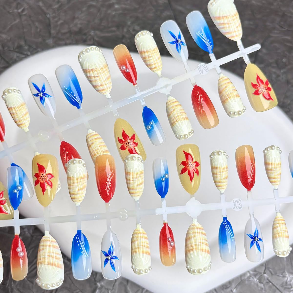 30Pcs Summer Press on Nails Medium Almond Fake Nails 3D Red Blue Flower with Pearl Full Cover Artificial Cute Shell Glue on Nails Summer False Nails Stick on Nails for Women Girls Acrylic Nails DIY
