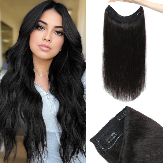 Doupor Invisible Halo Wire Human Hair Extensions 16inch/80g Natural Black Halo Hair Extensions Real Human Hair Adjustable Fish Line Secret With Clips in Remy Human Hair For Women