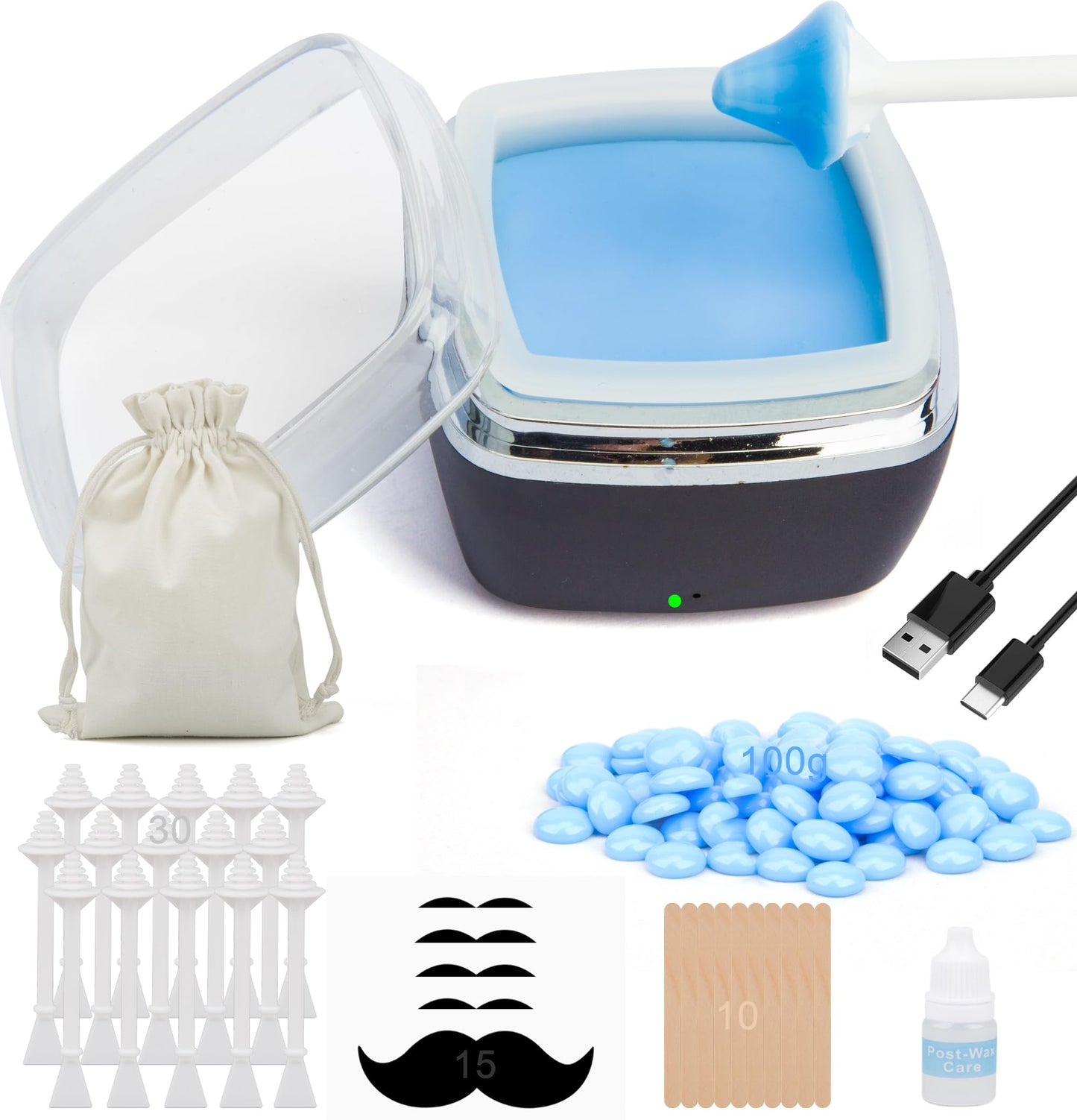 Nose Wax Kit - Mini Wax Warmer for Hair Removal with 100g Bens,1 Organizer Bag,10 Applicators, 30 Nose Hair Sticks 2 Silicone Pots, Melt Warmer Waxing Kit for Women and Men - Black