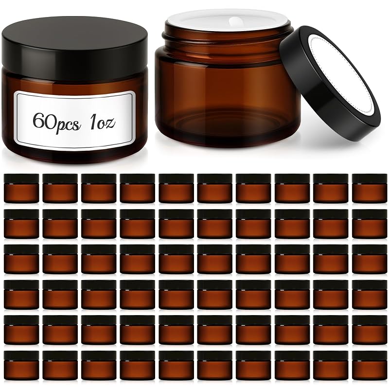 Amber Glass Jars with Lids - 60 Pack, 1 oz, Sample Cosmetic Containers