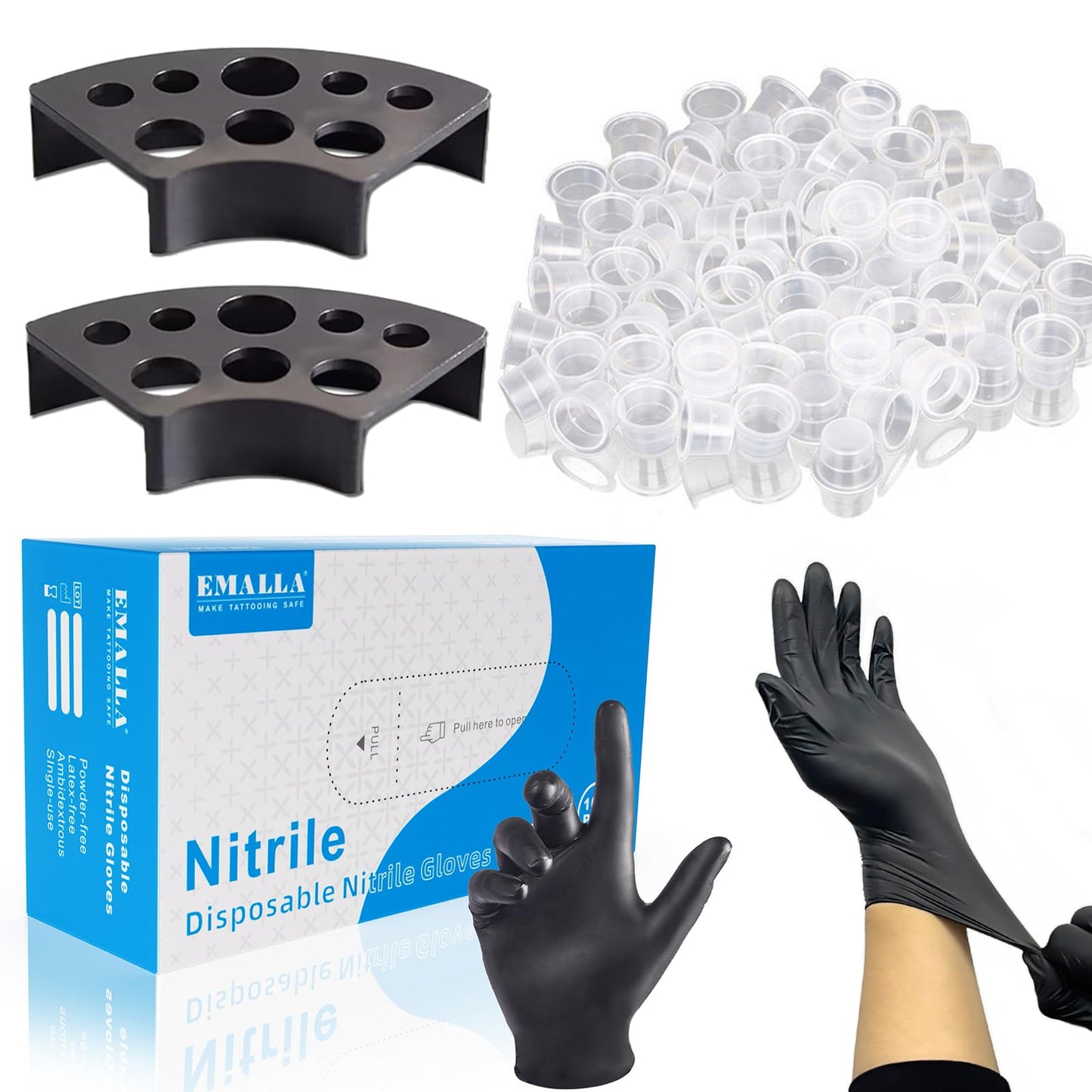 YONGDA 300pcs Disposable Tattoo Ink Cups (8mm/11mm/15mm) + 2 Black Ink Caps Holders + 100 Black Nitrile Gloves, Complete Tattoo Supplies Kit for Artists & Studio
