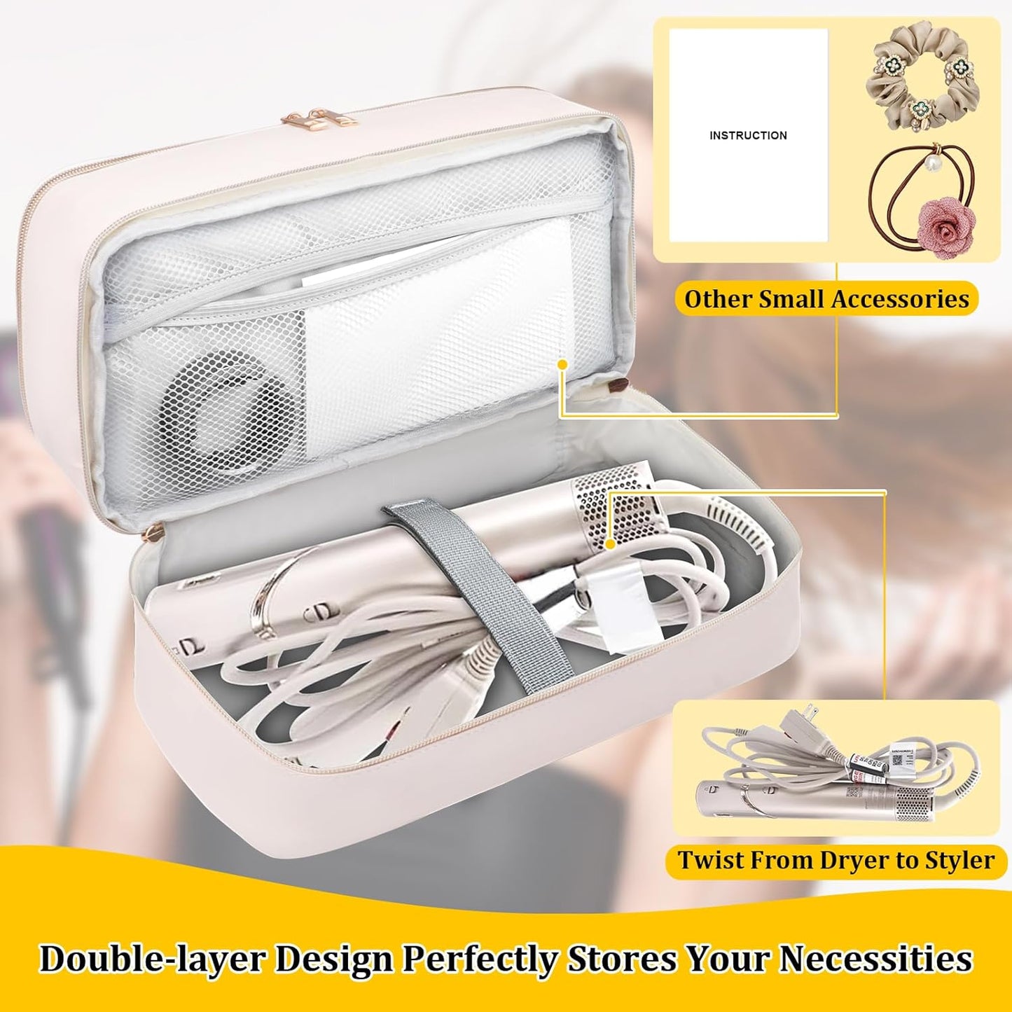 Shark Flex Style Travel Case - Double Layer Waterproof Organizer for Hair Dryer Attachments (Dianthus White)