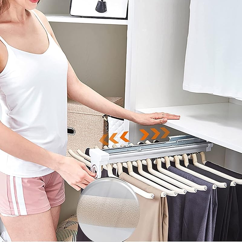 Beige 22-Pair Pull-Out Pants Rack, 33lb Capacity, Steel Clothes Organizer