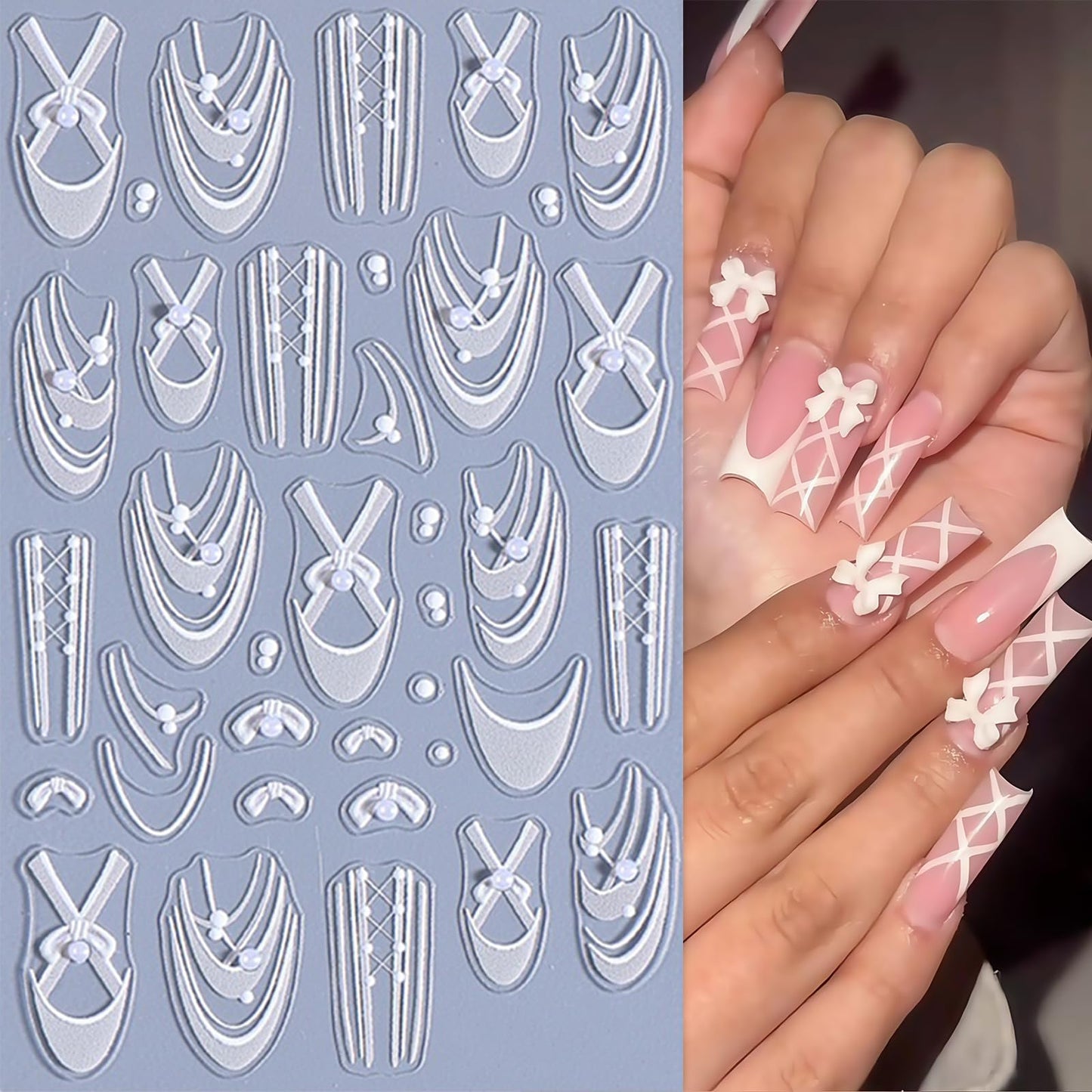 4Pcs Colorful Bow Lace Nail Art Stickers 5D Embossed Pearl Nail Decals Nail Stickers for Nail Art French Romantic Bow French Line Nail Design Nails Accessories Pearl Stripes Nails Supplies for Women