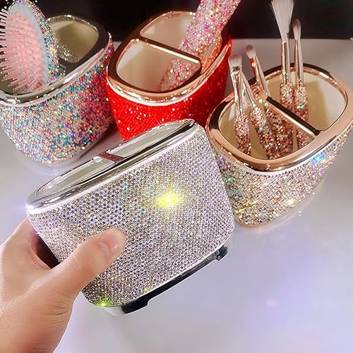 Luxury Bling Rhinestone-Embellished Makeup Organizer Box Storage ? Large Capacity Cosmetic Brush Lipstick Eyebrow Pencil Storage Box and Desktop Organizer Rack (Silver)