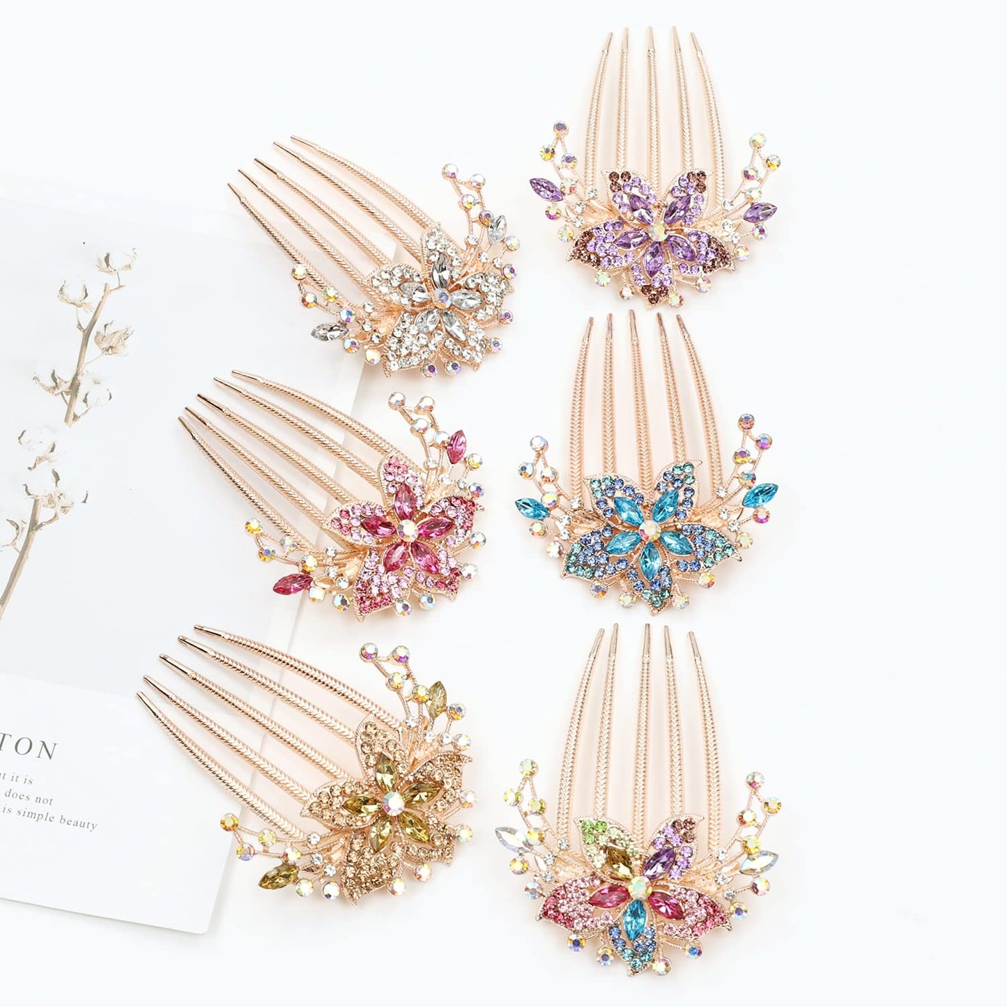 inSowni 6 Pack Luxury Glitter Sparkly Jeweled Gems Rhinestones Decorative Gold Metal Hair Side Combs Slides with Teeth Hair Bun Clips Updo Accessories Crystal Flower Hair Pin Barrettes for Women Girls