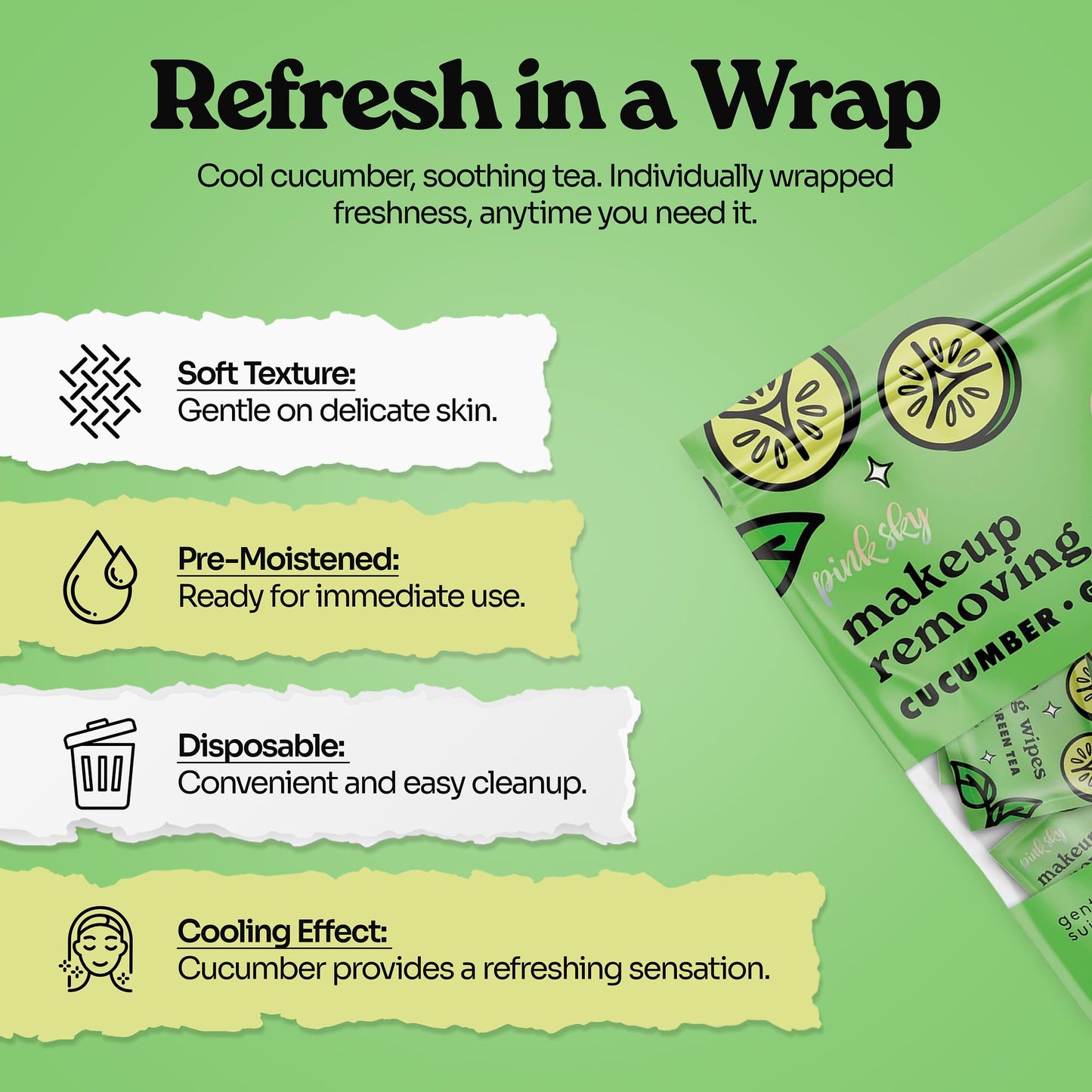 Pink Sky Makeup Remover Wipes for Face - Ultra Soft, Mini Makeup Wipes Individually Wrapped, Travel Makeup Wipes, Gently Cleanse & Remove, 40 Count (40 Wipes, CUCUMBER & GREEN TEA)