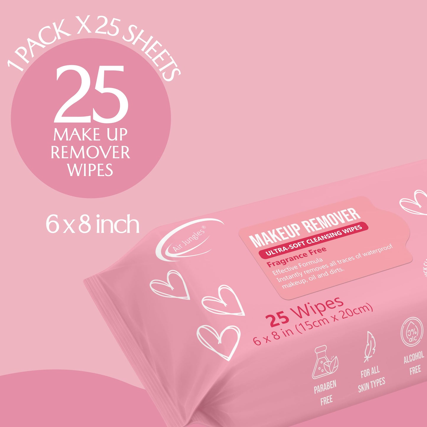 Air Jungles Makeup Remover Wipe 25 Counts, Fragrance-Free, Gently Removes Waterproof Makeup and Oil, Face Cleansing Towelettes, Alcohol Free, Infused Vitamin E for All Skin Type