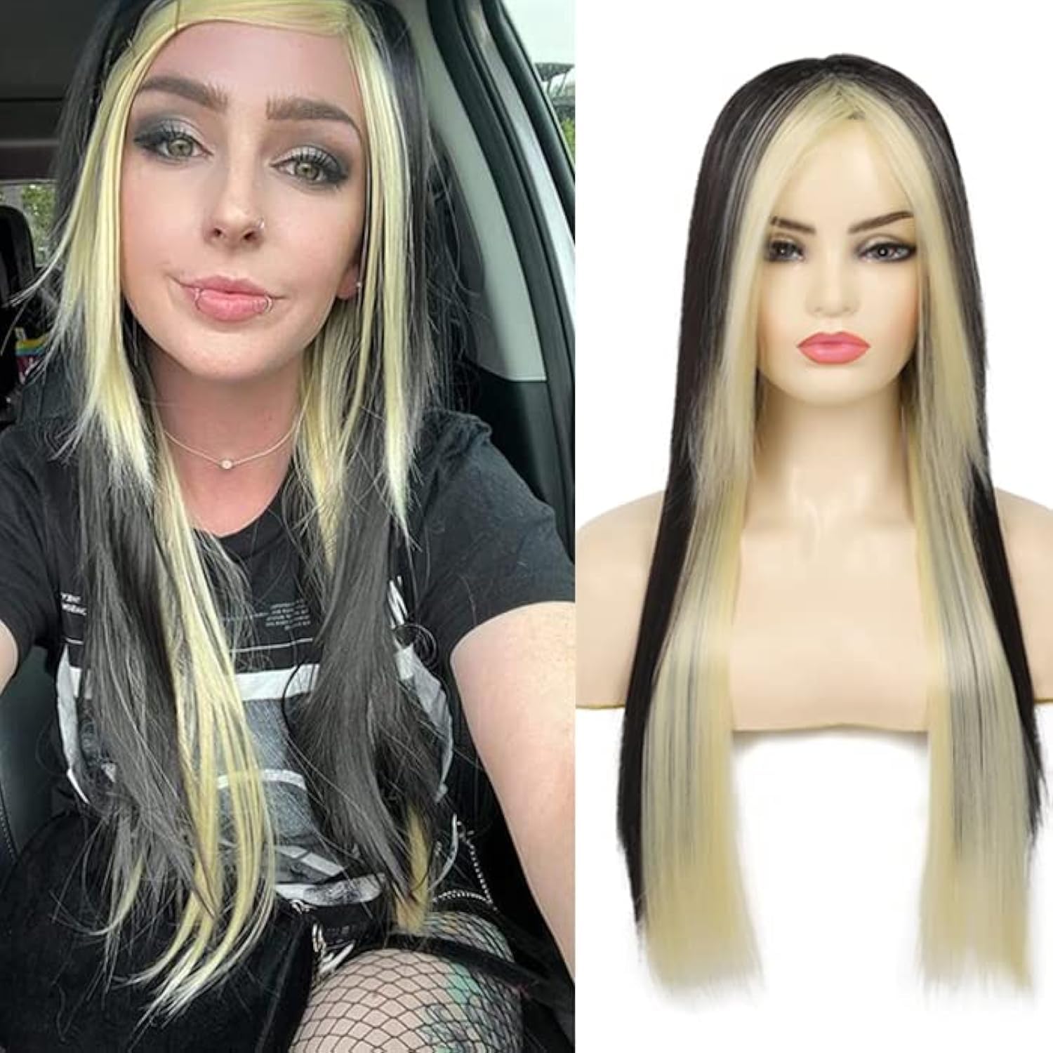 Silky Straight Long Red Black Wig with Side Bangs - Heat Resistant Synthetic Hair for Halloween
