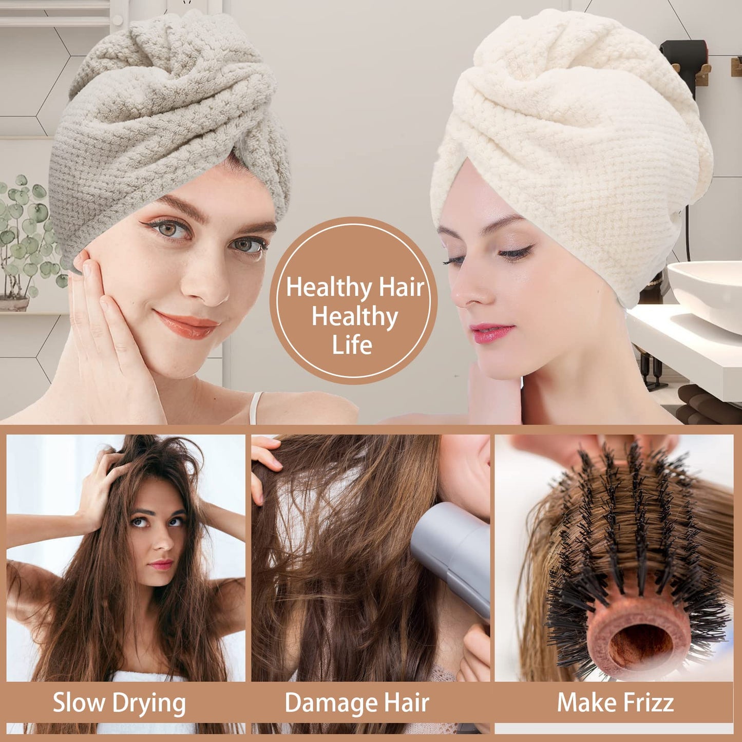 CZZXI 3 PCS Microfiber Hair Towel - Wraps for Wet Hair, Anti Frizz Turbans, for Curly Hair (Beige, Khaki, Grey)