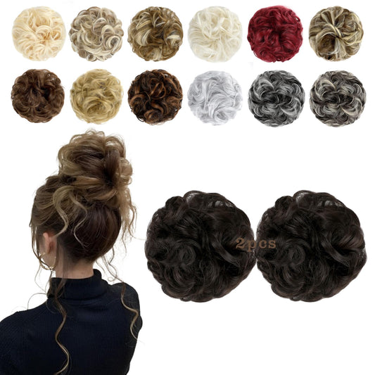 FeidyLong 2 PCS Messy Bun Hair Piece Wavy Curly Hair Bun Scrunchies Extensions Synthetic Chignon Thick Updo Hairpieces for Women Girls(Dark Brown)