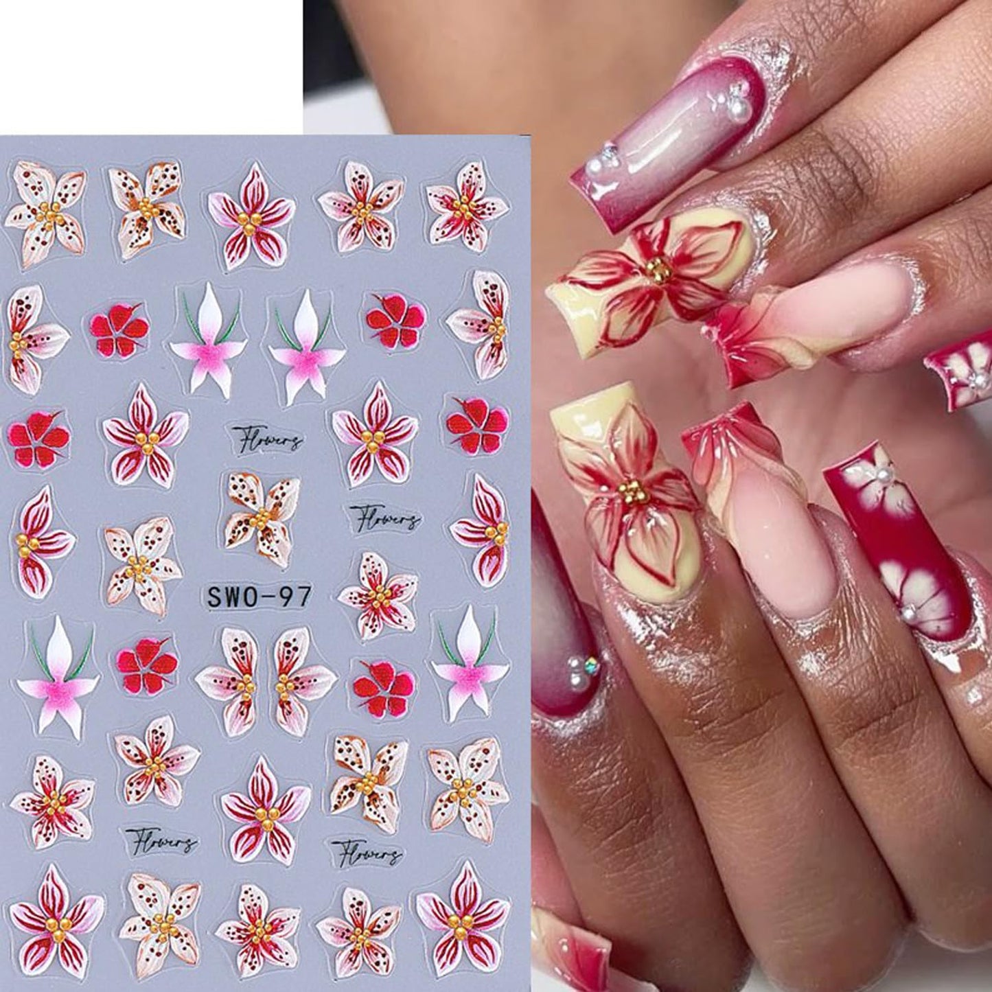 Flower Nail Stickers for Nail Art 5D Embossed Spring Summer Lily Hawaiian Flower Adhesive Nail Stickers Floral Nail Decals Summer Flowers Nails Design Manicure Supplies para Uñas Decor 4Pcs