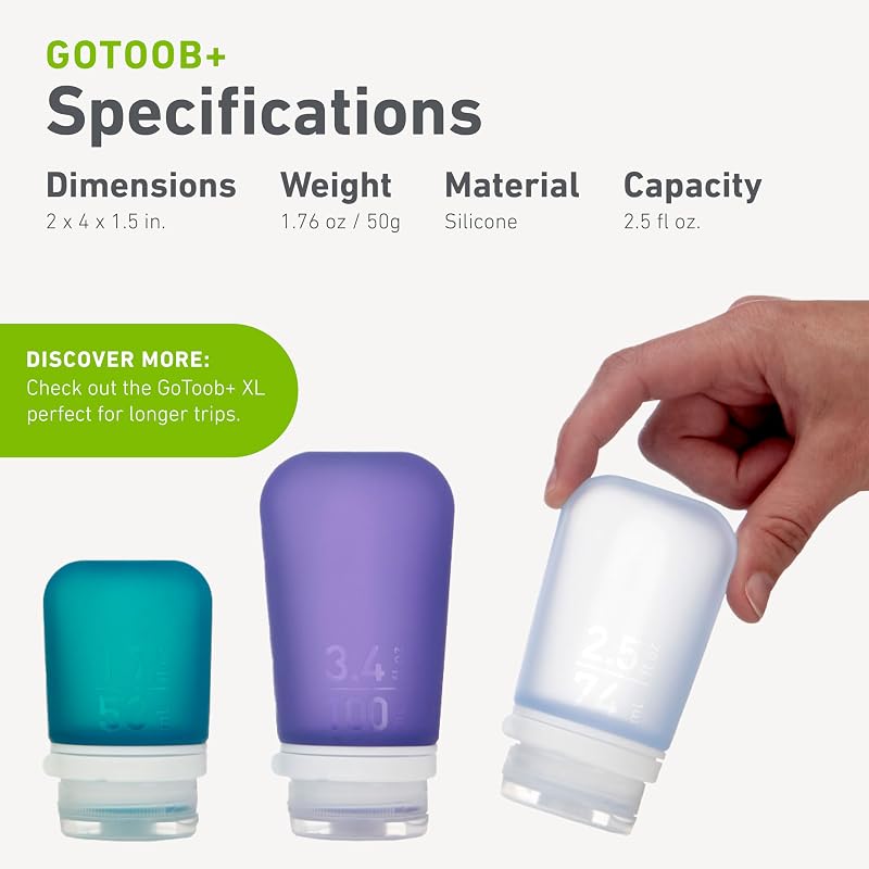 GoToob+ 3-Pack Medium (2.5 fl oz) Travel Bottles - Clear/Green/Blue, with LoopLock