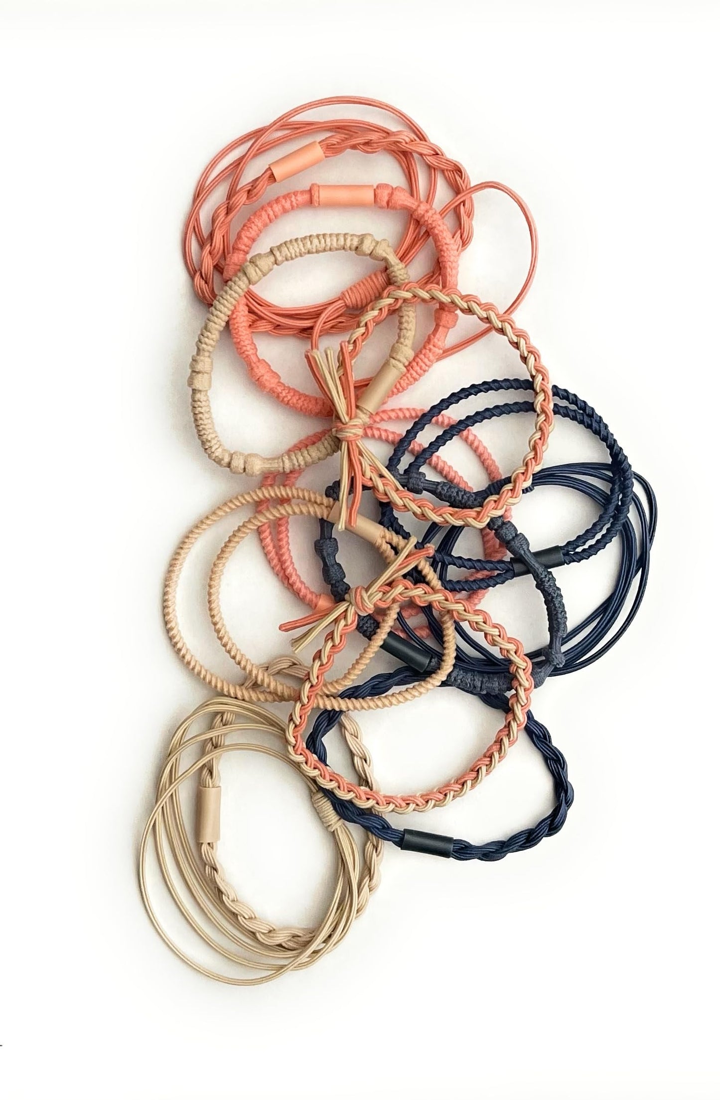 Coiffed + Co. Stacked Bracelet Hair Ties (Color: Linen, Peach, Navy) 14 Count, Hair Ties for Women, No Damage Hair Elastics, Hair Bands, Ponytail Holders, Ties for Thick and Thin Hair, Holiday Gift