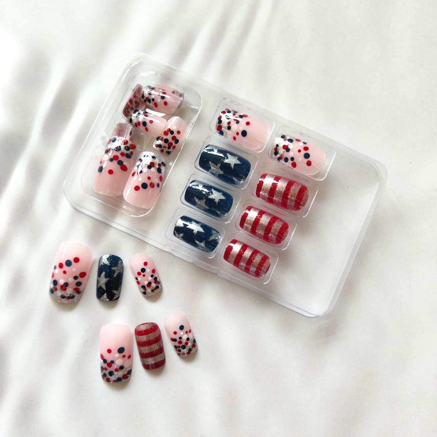 Independence Day Press on Nails Medium Square Fake Nails with Silver Glitter Star Stripe Designs Patriotic False Nails 4th of July Acrylic Nails Red Blue Polka Dots Stick on Nails for Women