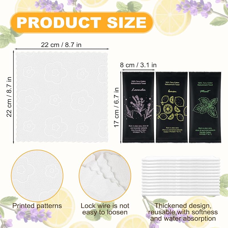 Moist Towelettes 60 Count with Lavender, Lemon & Mint – Individually Wrapped Cotton Towels