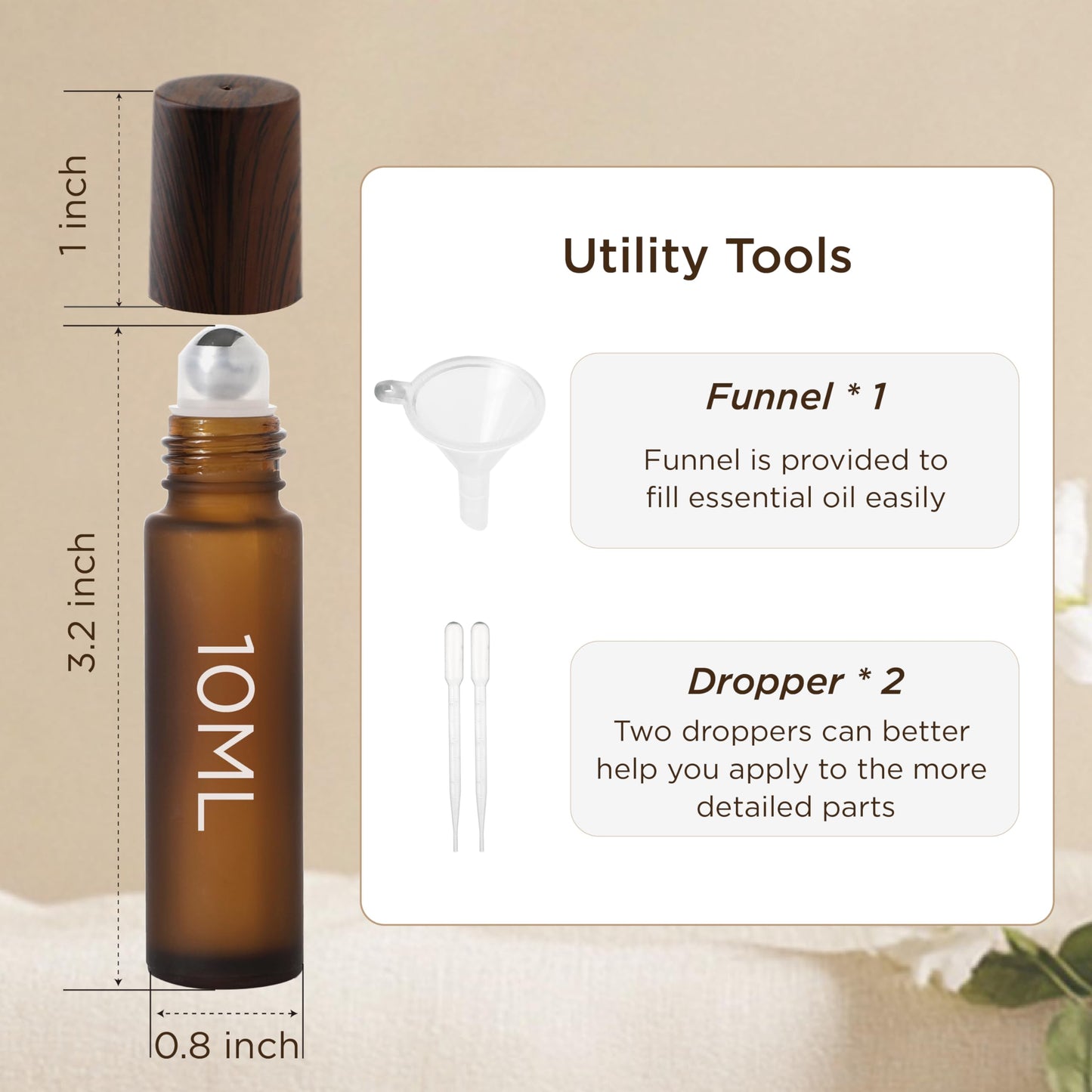 SESENSE Essential Oil Roller Bottles, 10ml Thick Glass Perfume Roller Bottles with Funnel Opener and Dropper Amber Glass Empty Bottles with Stainless Steel Roller Balls (Amber, 4 Pack)