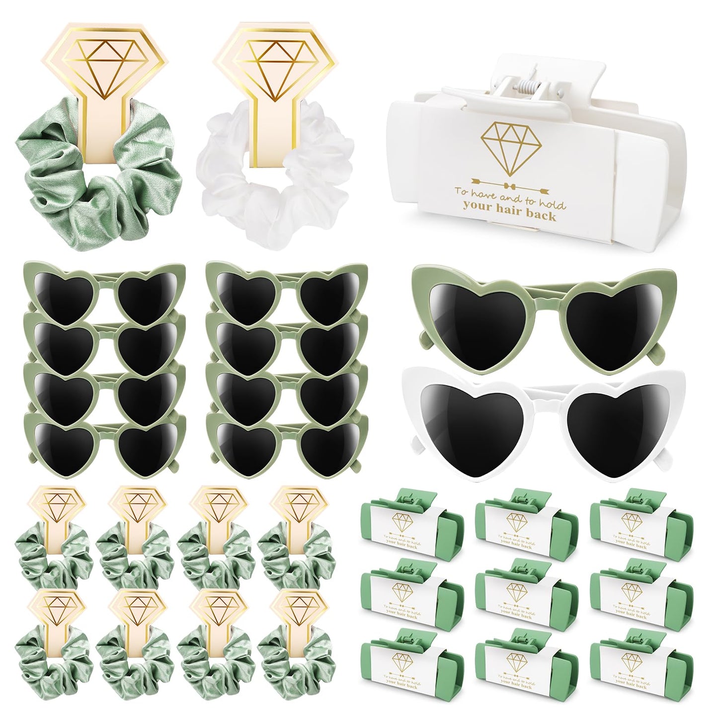 30pcs Bridesmaid Proposal Gifts Set with Bridesmaid Scrunchies Square Hair Claw Clip and Bachelorette Heart Sunglasses Girls Gift for Wedding Party Bachelorette Cam Party Favors (White&Green)