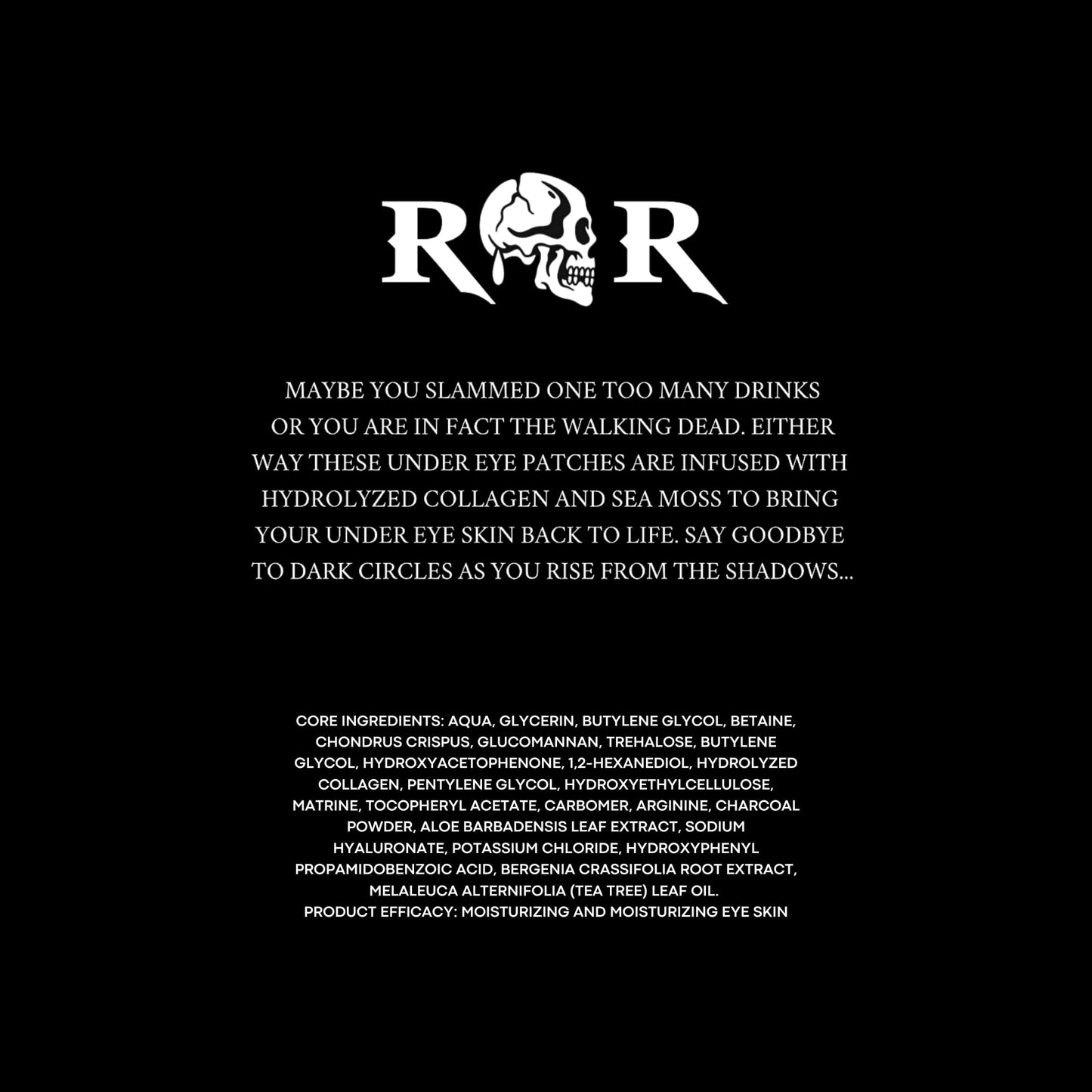 Rebel Ritual Under Eye Patch: men's under eye patch, brightens under eyes, anti-aging, collagen, charcoal, sea moss, Vitamins A, C, E, & K, reduces puffiness, moisturizes, all skin types