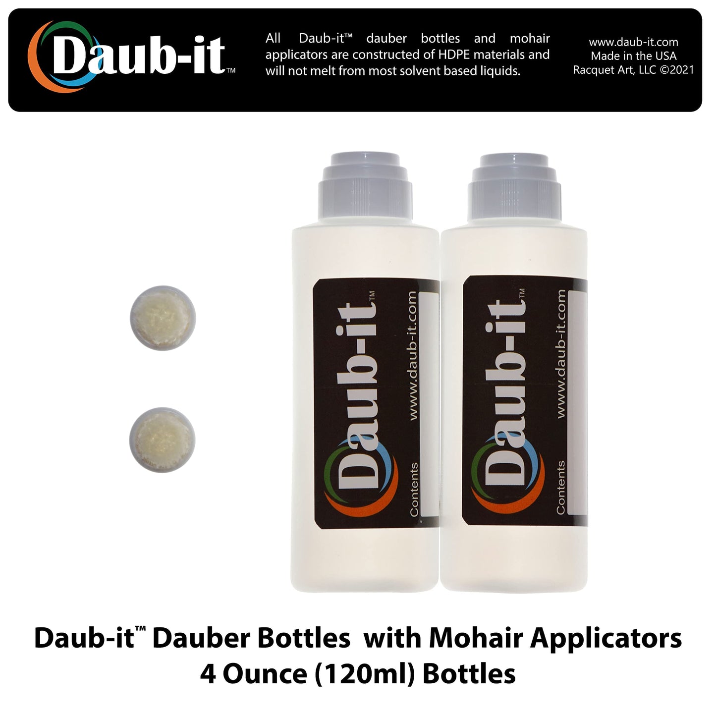 Racquet Art Daub-it Empty Bottles with applicators - 4 oz - Mohair Dauber - 2 Pack