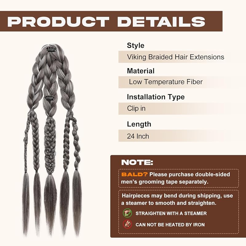 NTYNTY 24" Viking Hair Extensions for Men - Clip-In Braided Ponytail, Silver Gray