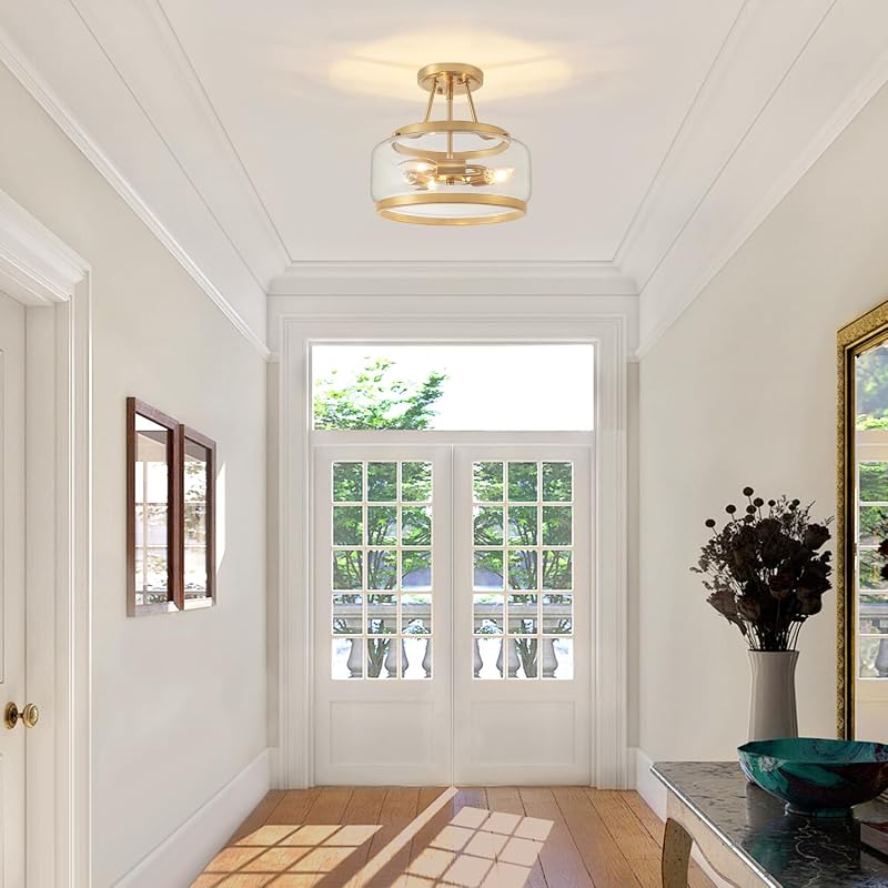 Brushed Gold 11.81in Semi-Flush Mount Ceiling Light - 3-Light Hallway Fixture (Brushed Gold)