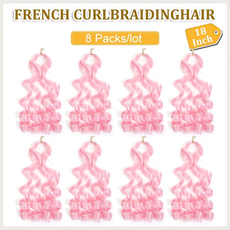 Pink 18 Inch French Curl Braiding Hair - 8 Packs (Variation: Pink+18 Inch)