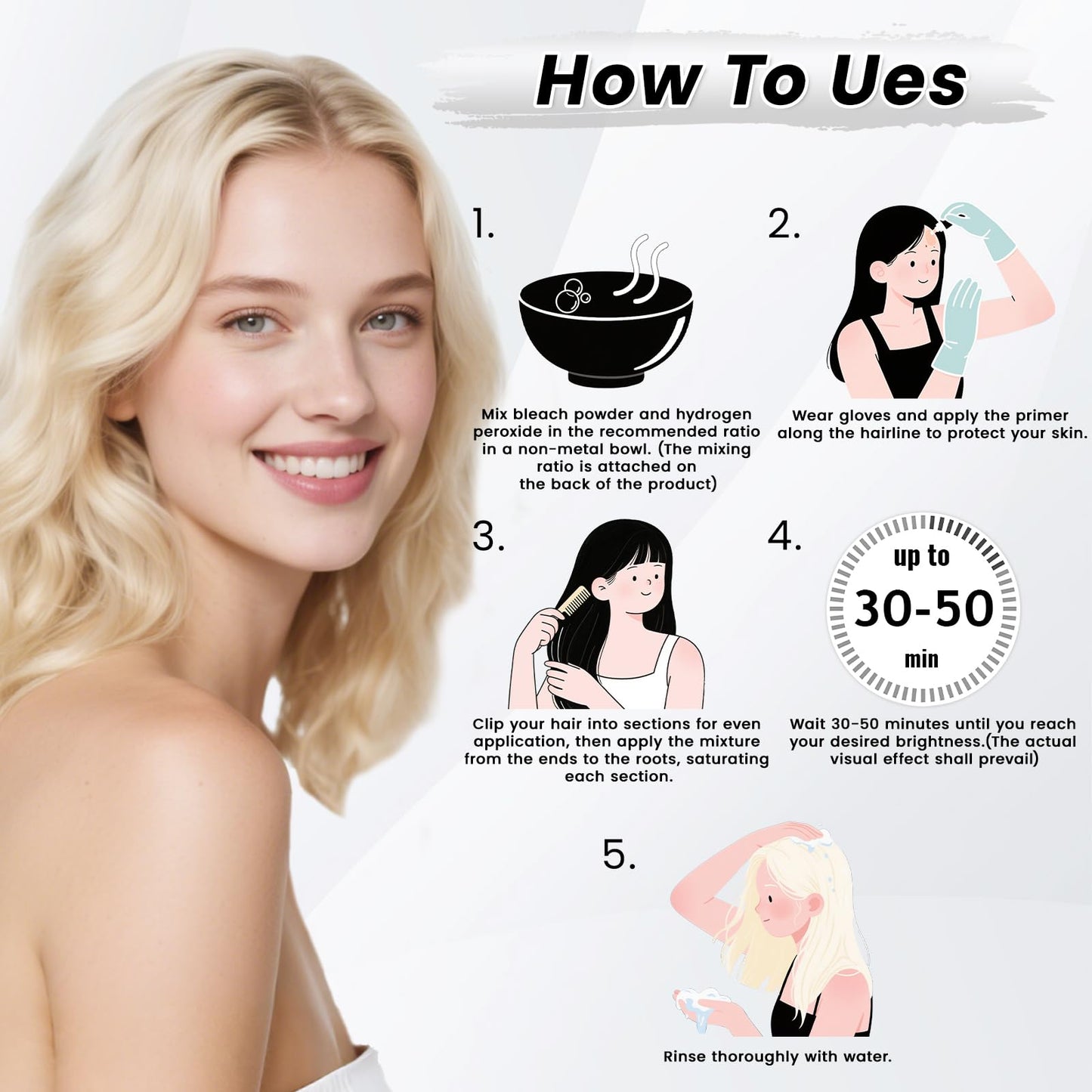 Hair Bleach Powder for Hair, Professional Lightening Bleach Lift Up to 8 Levels, for Hair Highlights & Lightening 45g