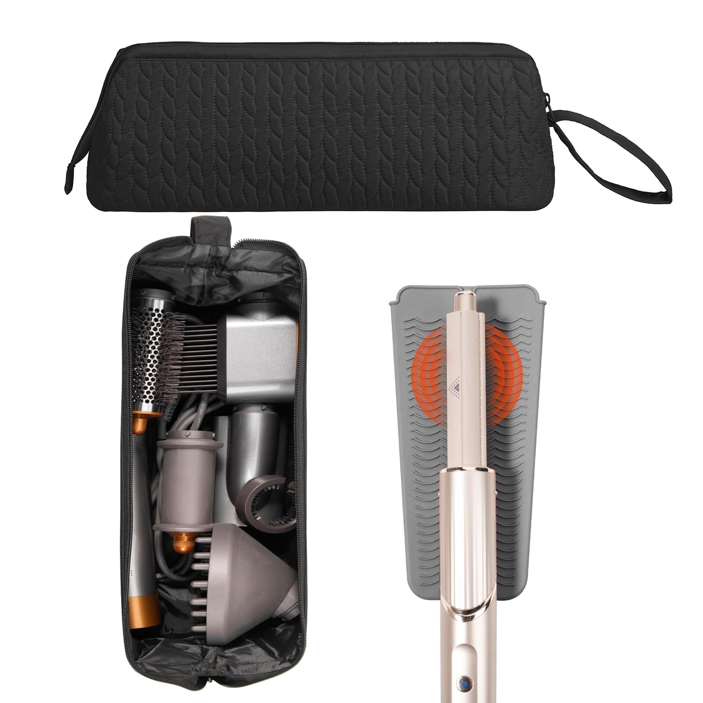 Hair Tools Travel Bag Case, Hair Accessories Organizer with Heat Resistant Mat, Flat Iron Curling Iron Travel Case for Shark Flex Style, Silicone Heat Mat for Hair Tools, Hot Tools Travel Bag (Black)