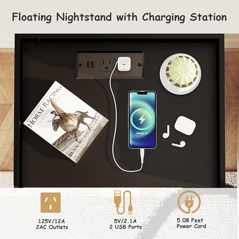 Floating Nightstand Set with Charging Station - 2 Pack, Black