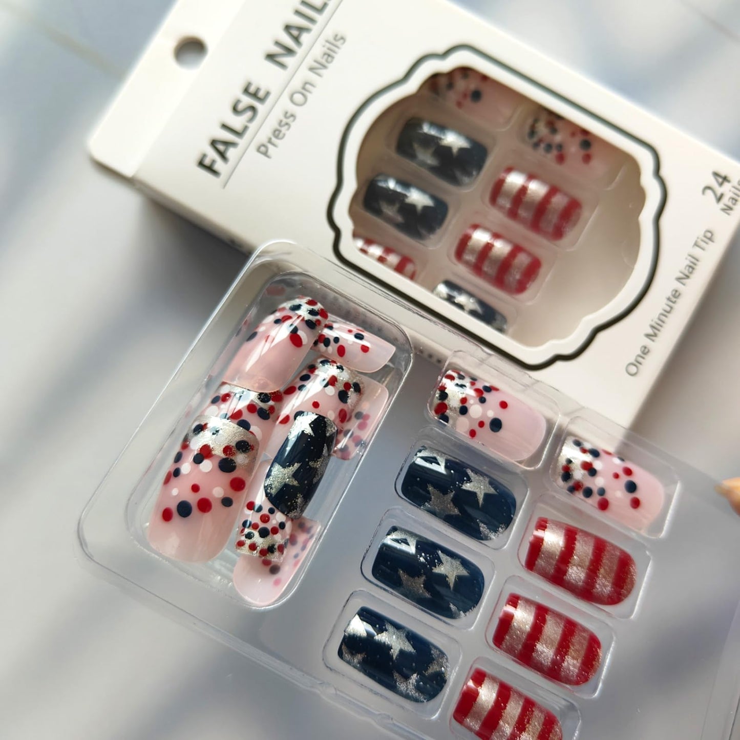 Independence Day Press on Nails Medium Square Fake Nails with Silver Glitter Star Stripe Designs Patriotic False Nails 4th of July Acrylic Nails Red Blue Polka Dots Stick on Nails for Women