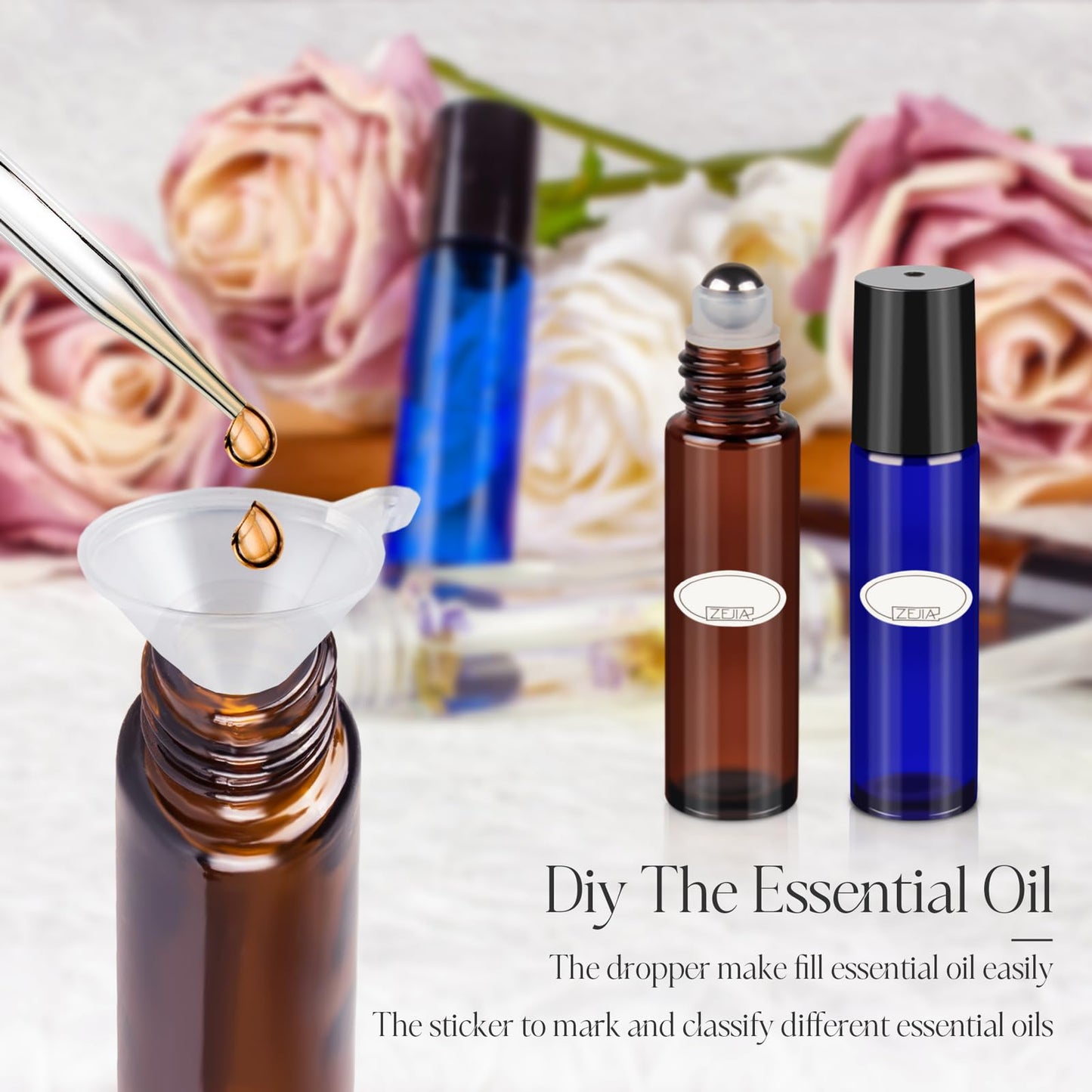 ZEJIA 10ml Roller Bottles for Essential Oils, 4 Pack Glass Roll on Bottles, Refillable Perfume Bottle, with Stainless Steel Roller Balls, 2 Droppers, 1 Opener, Labels (Amber+Blue)