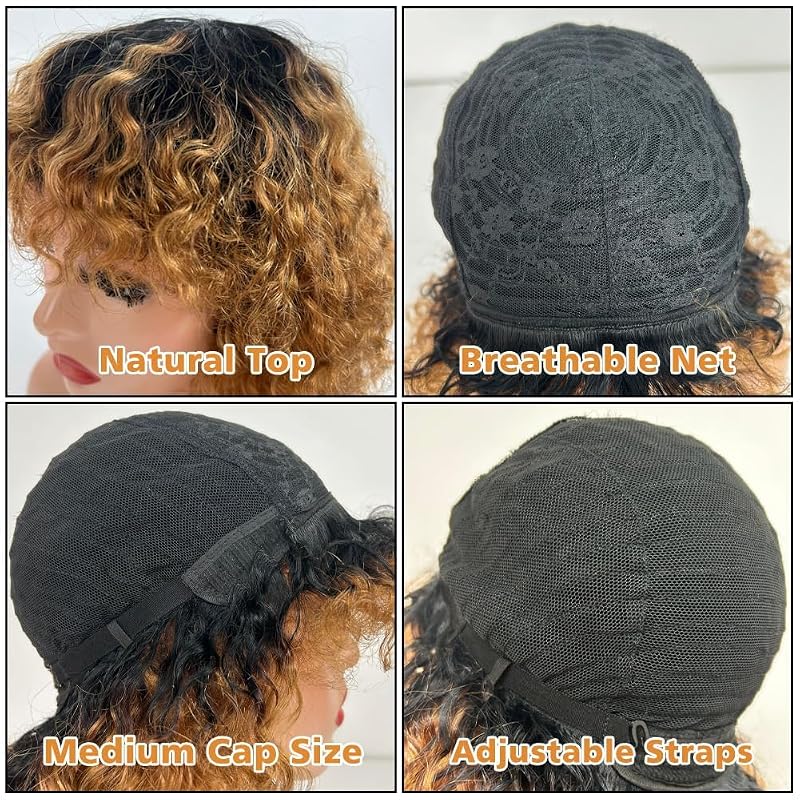 Ombre Short Curly Human Hair Wig with Bangs - Glueless, Brushable 100% Brazilian Hair (T1B/30#) - For Black Women