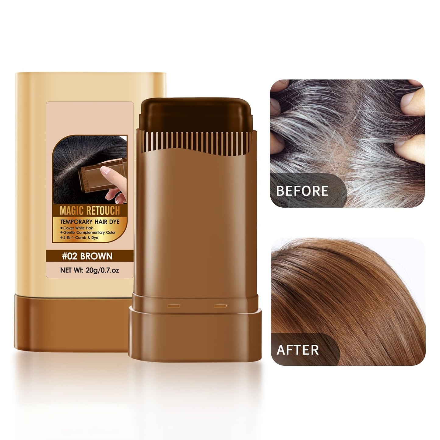 Hair Color Stick, Hair Dye Stick for Gray Hair, Waterproof and Sweat-proof, Even and Effective Coverage, Easy to Use, Gentle Formula, 20g*2(Brown)