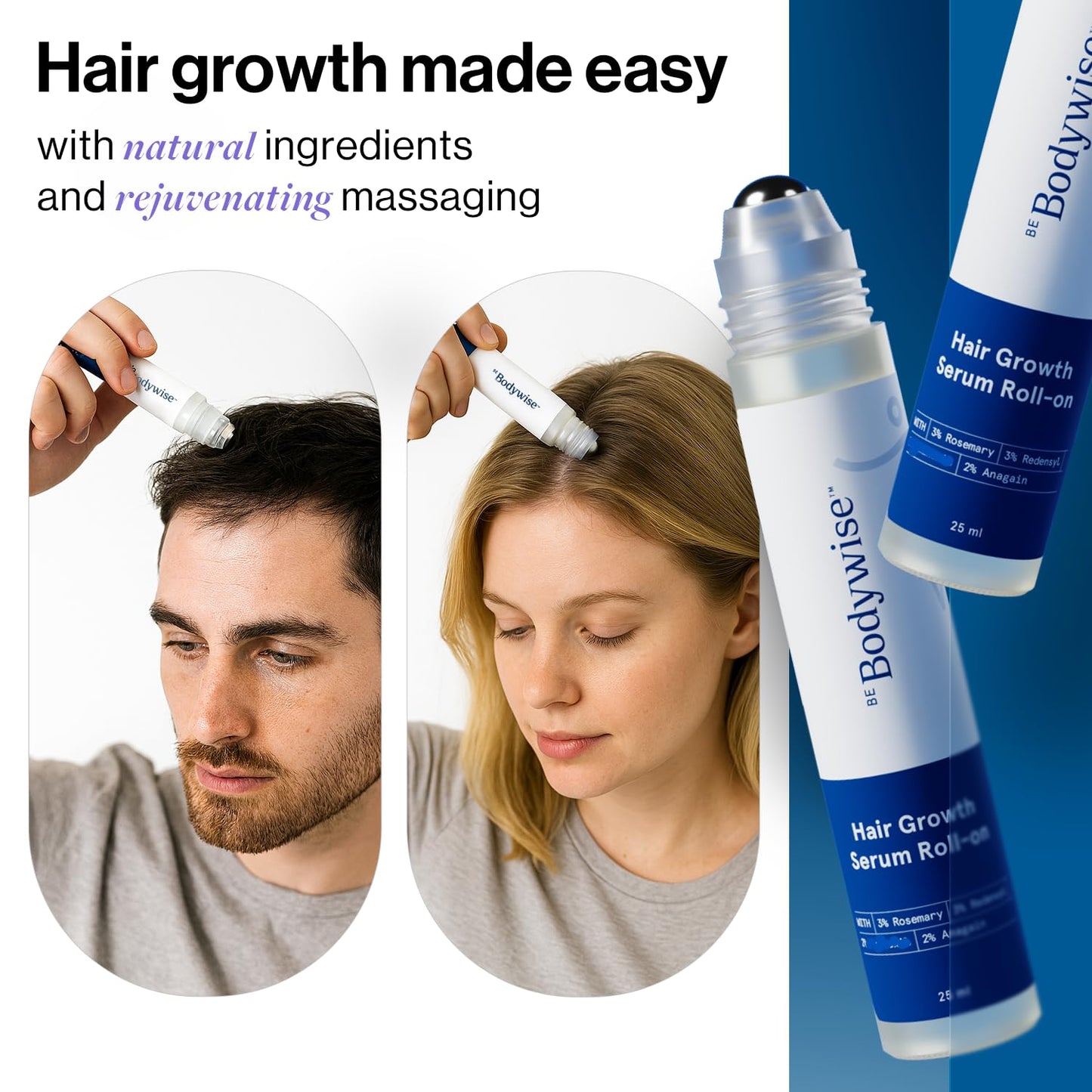 Be Bodywise Rosemary Hair Growth Serum Roll On 25 ml – 3% Rosemary, 3% Redensyl & 2% Anagain | DHT-Blocking Scalp Serum Boosts Oxygen Flow, Reduces Hair Fall | Paraben/Sulfate-Free | Women & Men