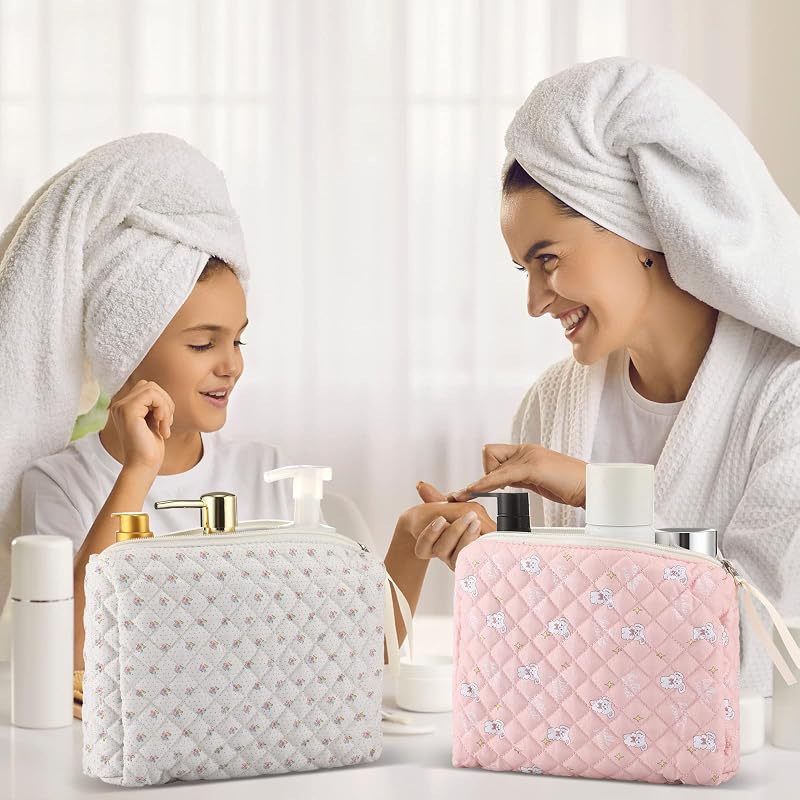 6 Pcs Quilted Makeup Bags Set - Cotton Floral Cosmetic Organizers for Travel