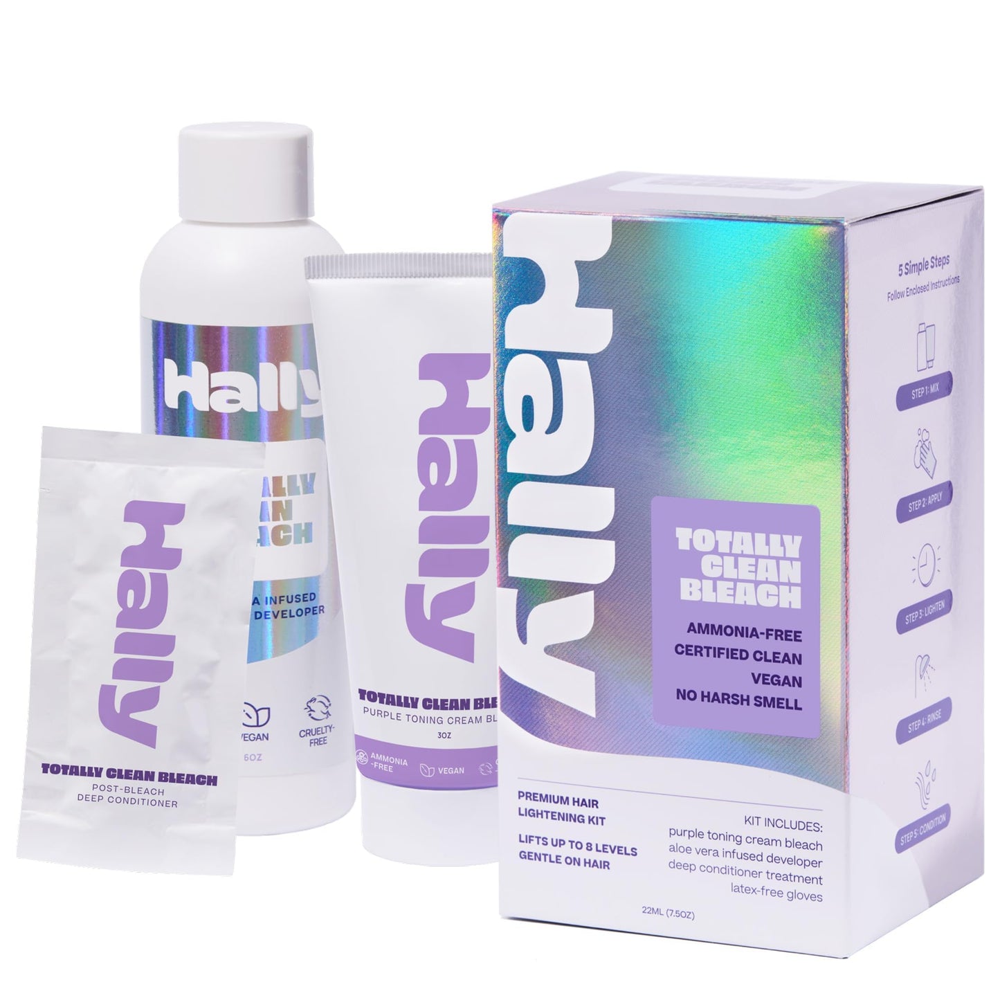 Bleach Kit by Hally Hair, Totally Clean Bleach - Hair Lightener Kit Includes Toning Cream Bleach & Developer & Conditioner - Gentle Nourishing Hair Bleaching Lifts Up to 8 Levels, Vegan & Cruelty Free