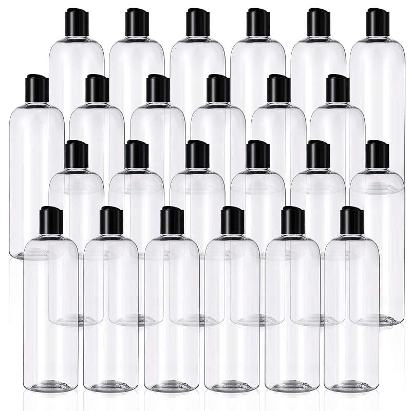Nuenen 24-Pack 16 oz Clear Empty Lotion Bottles with Black Disc Caps - Leak-Resistant Travel Containers