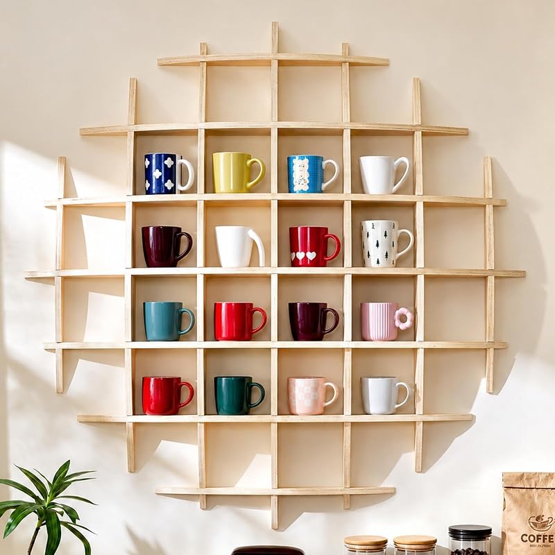 Oversize 46 x 46 Inch Wall-Mount Mug Display Shelf with 28 Slots