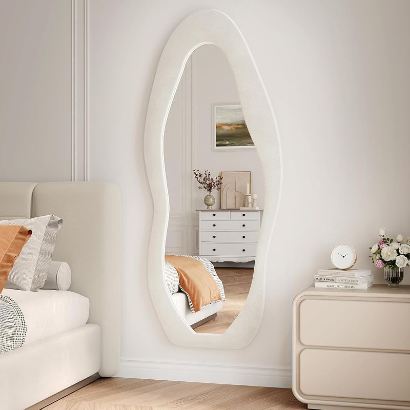 Wall Mirror 56 x 24 in - Irregular Wavy Full Length Flannel Frame (Beige, 56"L x 24"W) - FlyEcho