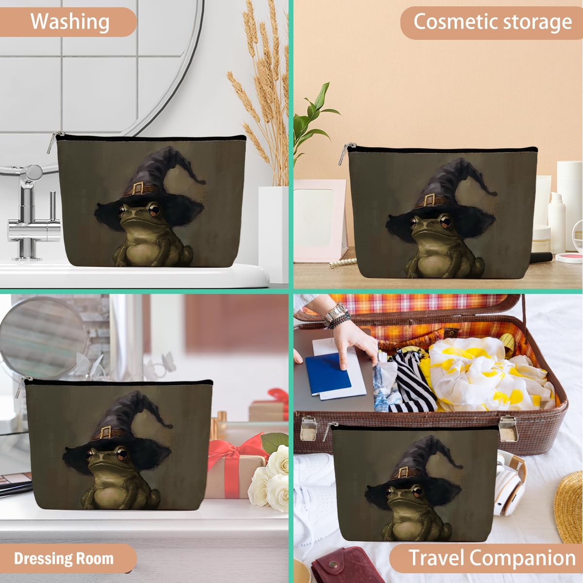 Frog Lovers Gifts, Funny Frog Makeup Bag, Aesthetic Design Canvas Zipper Organizer Pouch Cute Roomy Portable Toiletry Bag for Women Girls Travel Storage Accessories