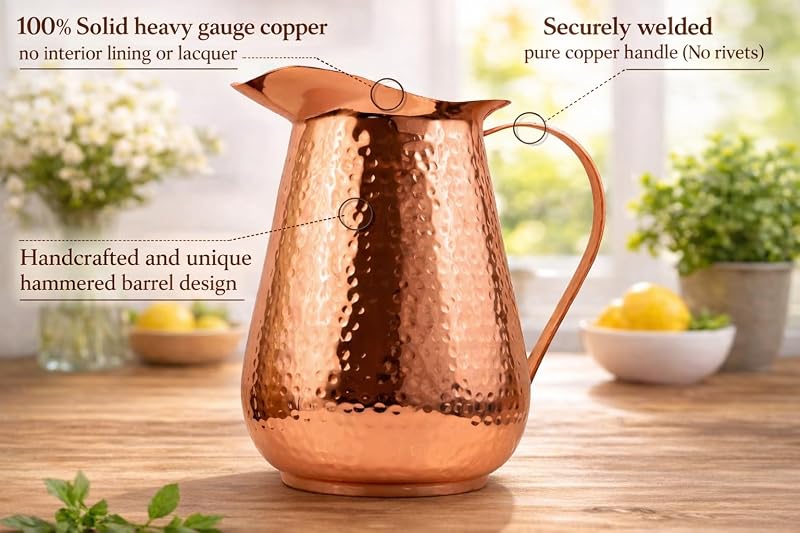 70 Ounces Bold & Divine Pure Copper Pitcher with Lid – Hammered Jug for Water & Beverages