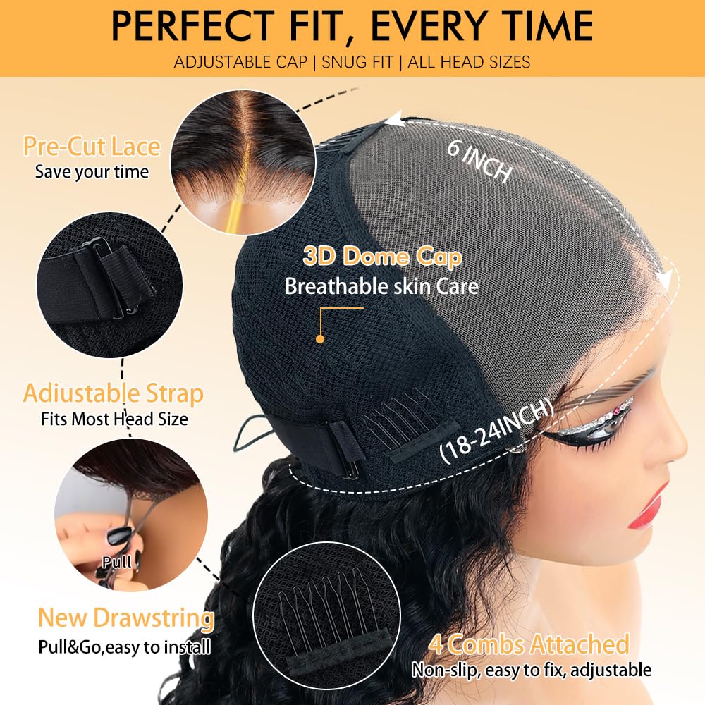 Goulus 7x6 Deep Wave Glueless Wigs Human Hair Pre Plucked Pre Cut 250% Density Drawstring Wig Human Hair Wear and Go Glueless Wigs for Black Women Natural Color #1B 28 Inch