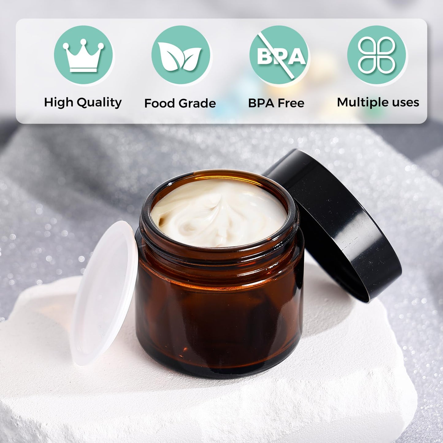 Jarsoph 2OZ Amber Glass Jars with lids, 36 Pack Empty Cosmetic Jars, Refillable Airtight Wide Mouth Container for DIY, Sample, Cream, Lotion, Candle Making, Powder, Cosmetic